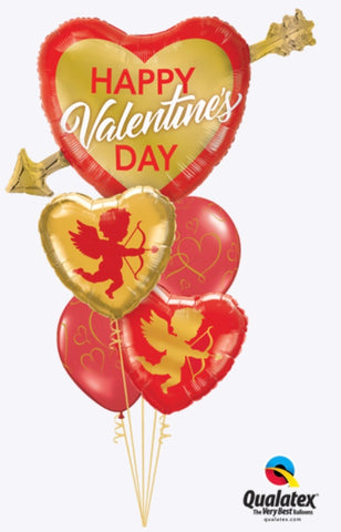 Bouquet San Valentin, 39”  Flecha Dorada de San Valentin, 18” Corazon Cupido, 5” Redondo Látex Rojo, 11” Redondo Látex Corazones Románticos