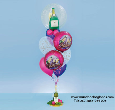 Arreglo Celebrate con Burbuja con Copas y Botella de Champan, Globos Congratulations y de Colores, Base de Botella de Champan
