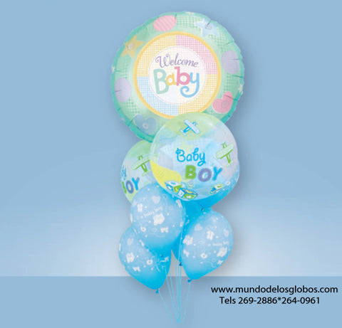 Bouquet de Globo Gigante Welcome Baby con Burbujas Baby Boy y Globos Celestes It's A Boy