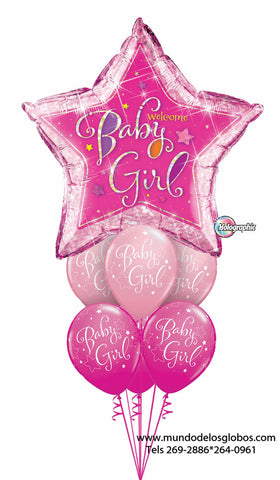 Bouquet de Estrella Gigante Welcome Baby Girl y Globos Rosados Baby Girl con Estrellitas