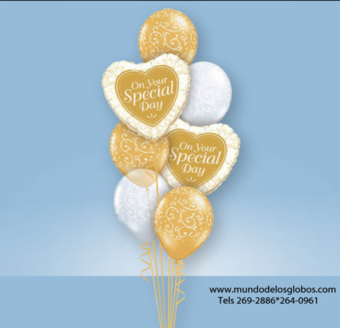 Bouquet de Boda con Corazones On Your Special Day, Globos Blancos y Oro