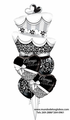 Bouquet con Pastel de Boda Gigante, Corazones Always & Forever y Globos Negros