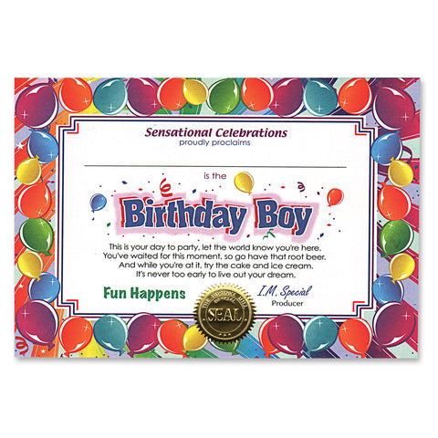 Birthday Boy Certificate, Size 5" x 7"
