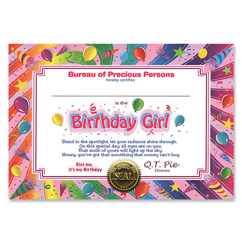 Birthday Girl Certificate, Size 5" x 7"