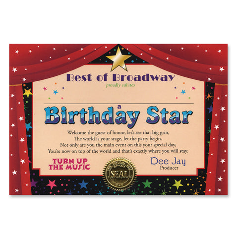 Birthday Star Certificate, Size 5" x 7"