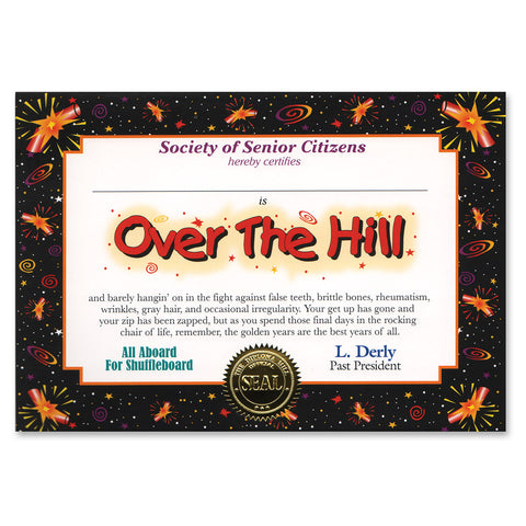 Over The Hill Certificate, Size 5" x 7"