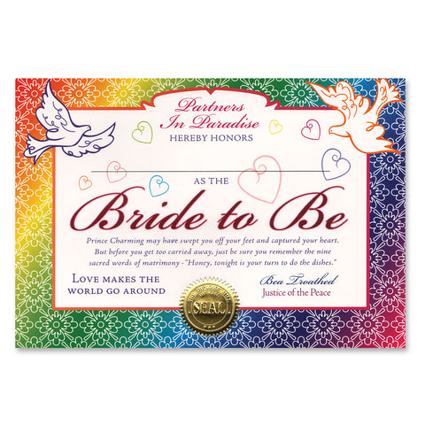 Bride To Be Certificate, Size 5" x 7"