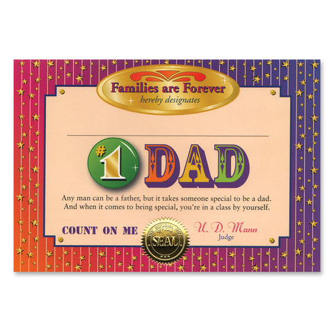 #1 Dad Certificate, Size 5" x 7"