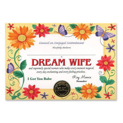 Dream Wife Certificate, Size 5" x 7"