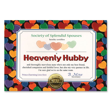 Heavenly Hubby Certificate, Size 5" x 7"