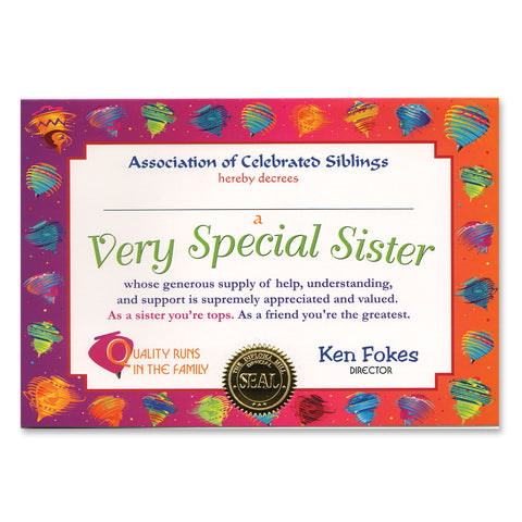 Very Special Sister Certificate, Size 5" x 7"