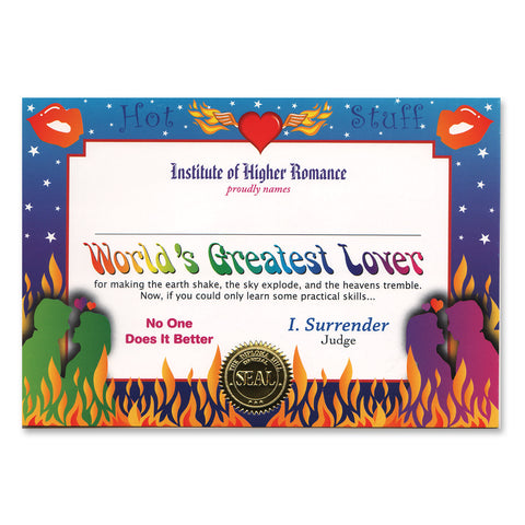 World'S Greatest Lover Certificate, Size 5" x 7"
