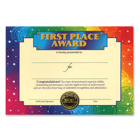 First Place Award Certificate, Size 5" x 7"