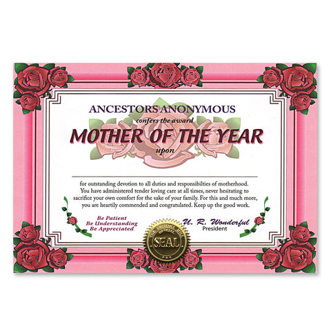 Mother Of The Year Certificate, Size 5" x 7"