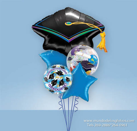 Bouquet de Birrete de Graudación Gigante, Estrellas Azules, Globo de Congratulations Graduate y Burbuja con Birretes y Diplomas