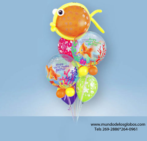 Bouquet de Pescadito Gigante con Burbujas Hope You Are Feeling Better con Pescaditos y Globos de Colores