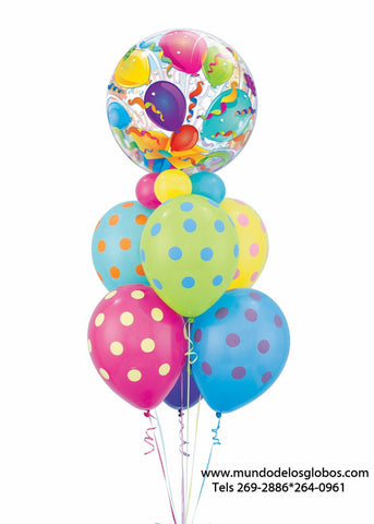 Bouquet Happy Birthday con burbuja con Serpentinas y Globos de Colores con Bolas de Colores