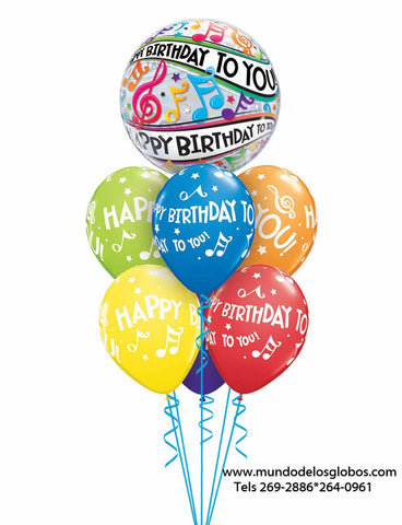 Bouquet Happy Birthday con Burbuja Happy Birthday To You! y Globos de Colores con Notas Musicales