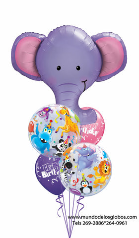 Bouquet Happy Birthday con Elefante Gigante, Burbujas con Animales y Globos de Colores