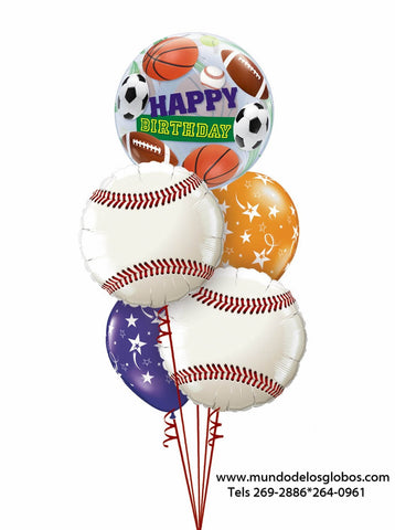 Bouquet Happy Birthday con Burbuja de Pelotas de Deportes, Globos de Bolas de Baseball, y Globos de Colores con Estrellas
