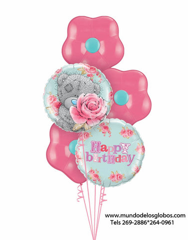 Bouquet Happy Birthday con Osito de Peluche y Rosas, Globos en Forma de Flores
