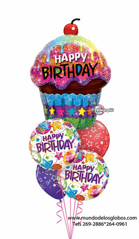 Bouquet Happy Birthday con Cupcake de Arcoiris Gigante con Globos de Estrellas de Colores