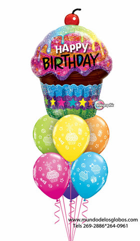 Bouquet Happy Birthday con Cupcake de Arcoiris Gigante con Globos de Cupcakes de Colores