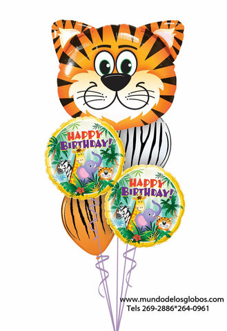 Bouquet Happy Birthday con Globo de Tigre Gigante, Globos con Animales y Pieles de Animales