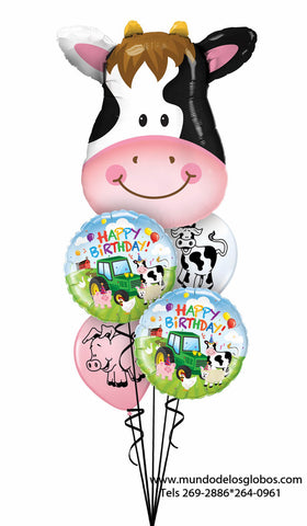 Bouquet Happy Birthday con Globo de Tractor de Granja con Animales y Globos de Vaquitas y Puerquitos