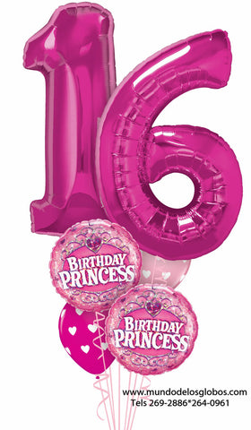 Bouquet Happy Birthday, Sweet Sixteen con Numero 16 Gigante, Globos Rosa con Corazones, y Globos Birthday Princess