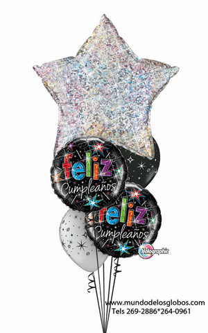 Bouquet Happy Birthday con Estrella Gigante Escarchada, Globos Holographic y Globos con Estrellas