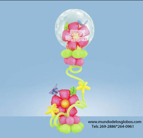 Arreglo Happy Birthday de Burbuja con Flor y Base de Flor