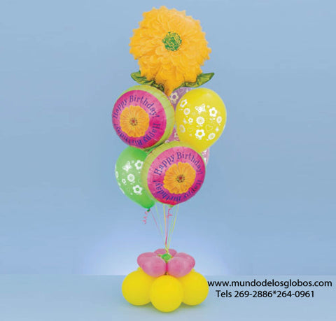 Arreglo Happy Birthday con Flor Gigante y Base de Flor