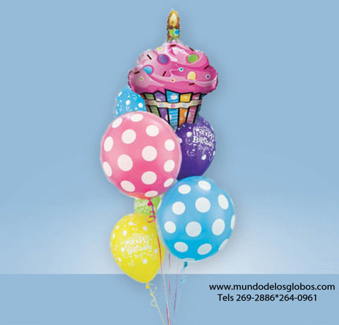 Bouquet Happy Birthday con Cupcake Gigante y Globos de Bolas de Colores