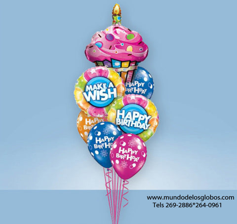 Bouquet Happy Birthday con Cupcake, Globos Make A Wish