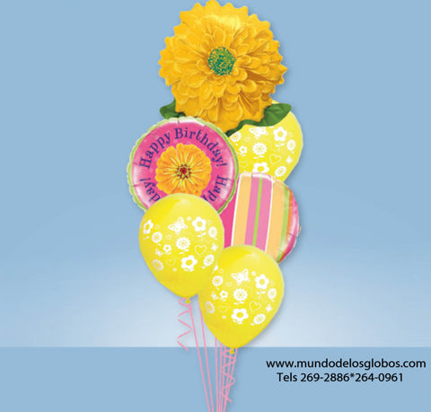 Bouquet Happy Birthday con Flor y Globos de Colores