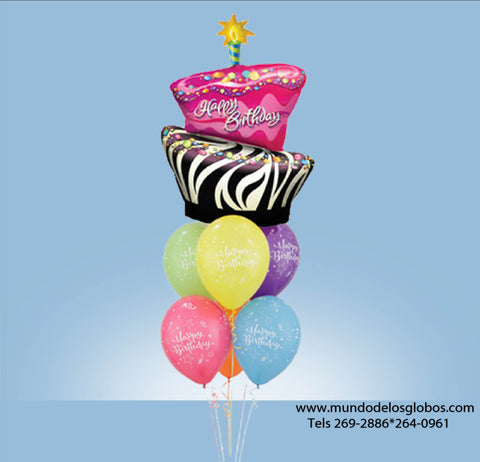Bouquet Happy Birthday con Globo de Pastel de Cumpleaños Gigante