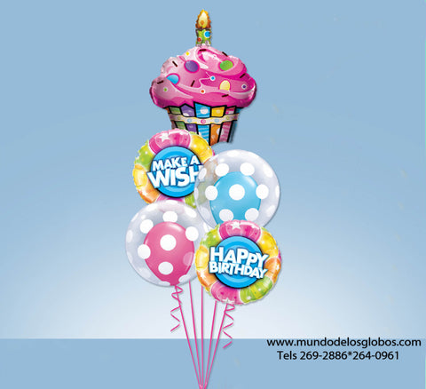 Bouquet Happy Birthday Make A Wish con Cupcake y Burbujas con Globos de Colores