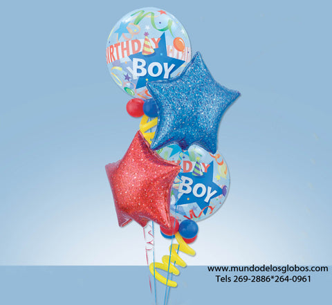 Bouquet Happy Birthday con Burbujas Birthday Boy y Estrellas Escarchadas