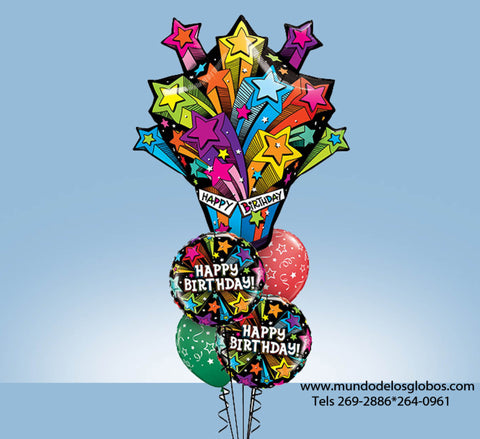 Bouquet Happy Birthday con Regalo Explosivo Gigante y Globos de Estrellas de Colores