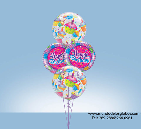 Bouquet Happy Birthday con Burbujas con Cupcakes y Velas de Cumpleaños