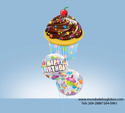 Bouquet Happy Birthday con Cupcake Gigante y Burbujas con Cupcakes y Velas de Cumpleaños
