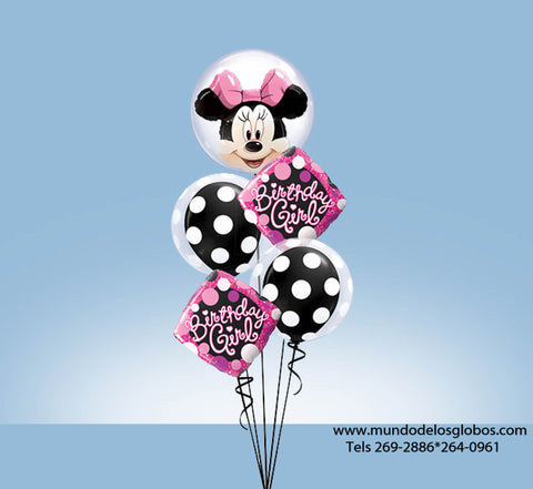 Bouquet Happy Birthday con Burbuja de Minnie, Diamantes Birthday Girl y Globos de Bolas Blancas