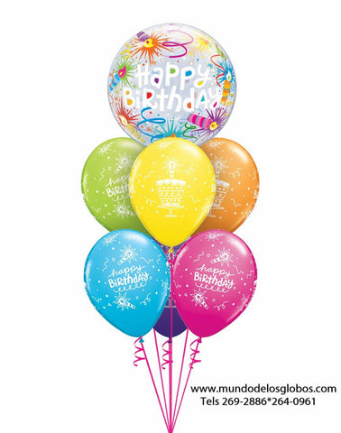 Bouquet Happy Birthday con Burbuja de Velas de Cumpleaños y Globos de Colores con Pastel de Cumpleaños