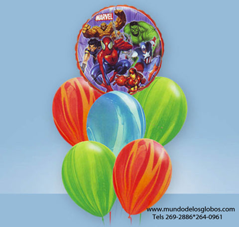 Bouquet de Personajes Marvel con Globos de Colores Tie Dye