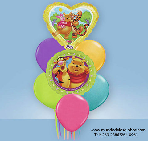 Bouquet de Winnie The Pooh y Amigos con Corazon y Globos de Colores