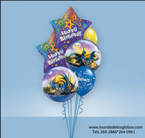 Bouquet de Burbujas de Batman con Estrellas Happy Birthday y Globos de Colores