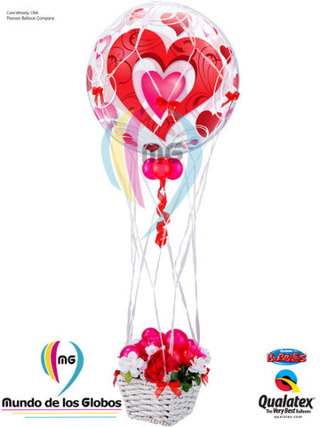 Burbuja Gigante de Corazón con Malla Aerostática  y canasta con flores látex