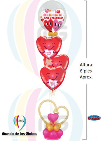 Bouquet Bubble con Corazón dentro de "Feliz San Valentin" 18" pulgs. Metálico & Corazones Sonrientes "I Love You" metálicos y base de corazón.