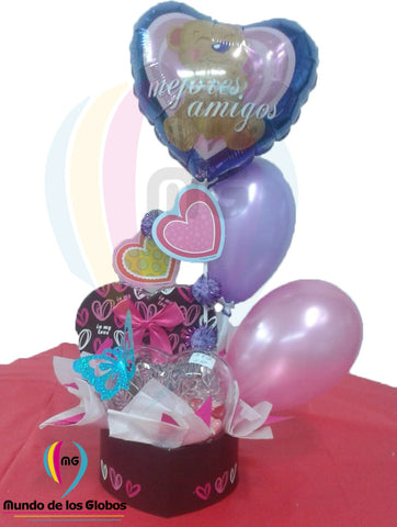 Adorno para escritorio: Corazón "Mejores Amigos" de 9" con  Corazón Acrílico con dulces Jelly Beans, látex lila de 5", látex rosado aperlado de 5", caja chica de corazón decorativa.